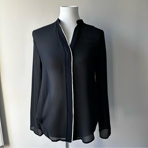 Ovi Black Sheer Long Sleeve Button Down White Piping Blouse Size Medium